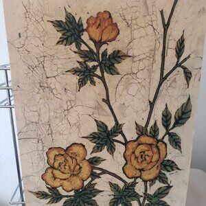 Vintage Original Chinese Yellow Batik Painting Yellow Botanical Design Framed S